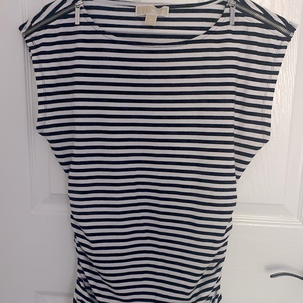Michael Kors Black and White Striped Short Sleeve Tee.